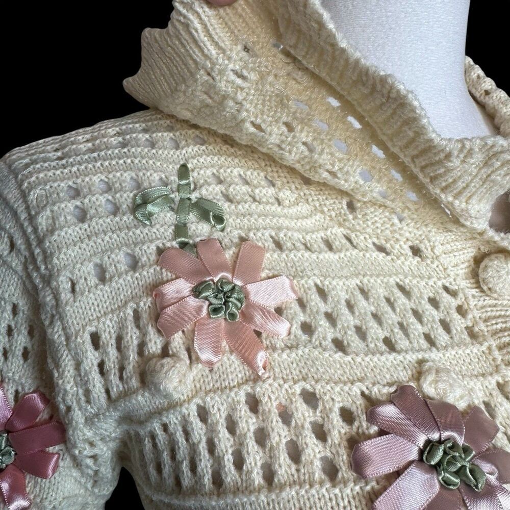 Y2K Open Knit Crochet Polo Sweater Button Up Top Floral Cottage Fairy Peasant - Picture 3 of 7